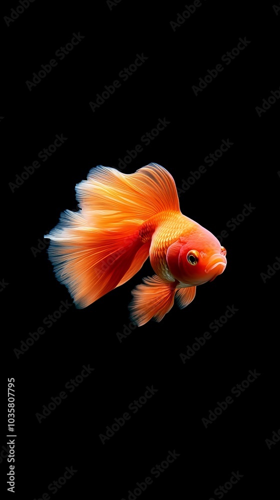 A goldfish, tightly framed against a black backdrop, its head mirrored in the glassy water above A goldfish, tightly framed against a black backdrop, its head mirrored in the glassy water above