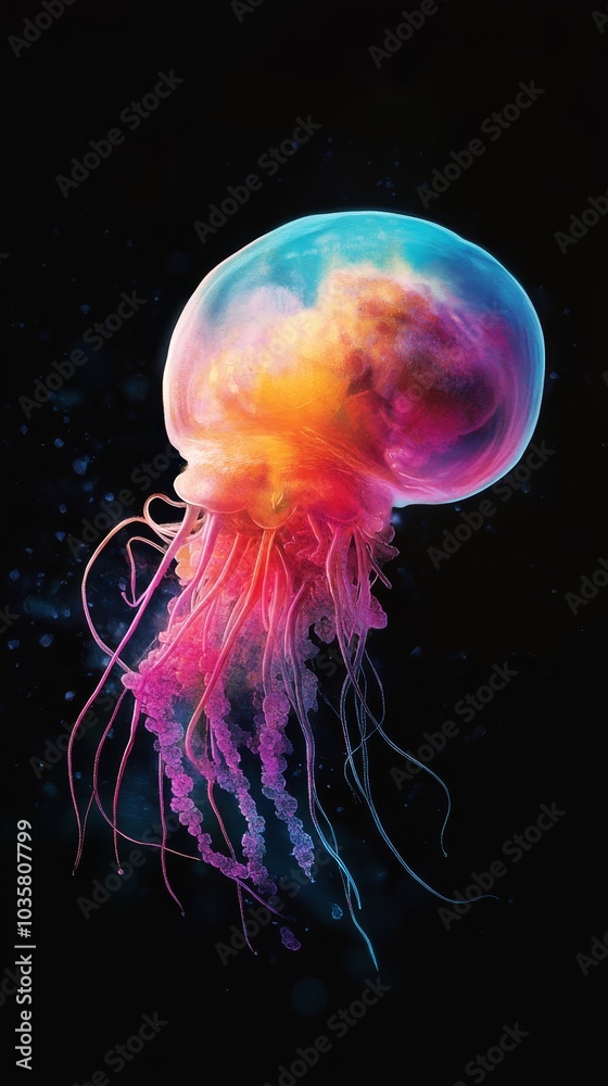 Fototapeta premium Close-up of jellyfish against black backdrop, colored in blue, yellow, and pink schemes