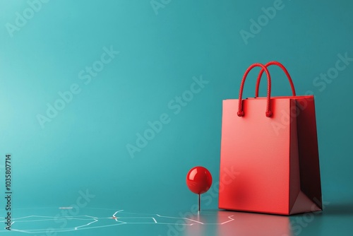 A vibrant red shopping bag stands beside a red pin against a teal background, creating a lively and playful composition. photo