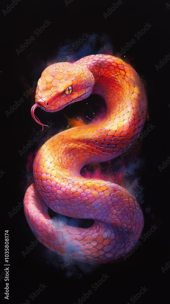 Fototapeta premium Pink-orange snake on black backdrop, emitting smoke from its mouth