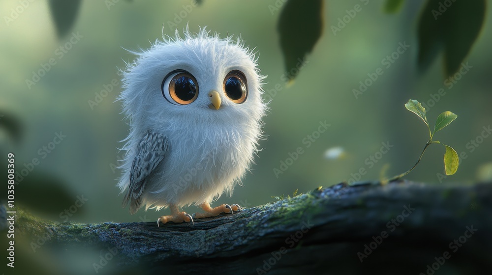 Big-eyed baby owl with soft white feathers, looking endearing and curious in its natural habitat Big-eyed baby owl with soft white feathers, looking endearing and curious in its natural habitat