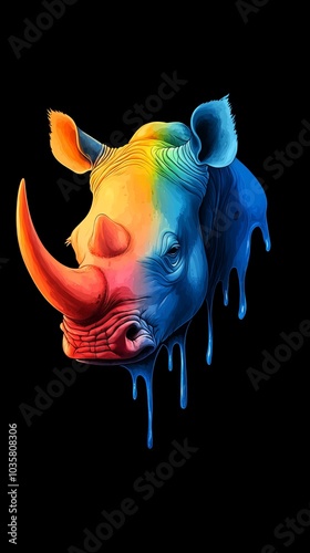  A rhino's head painted with a rainbow drip down its face photo