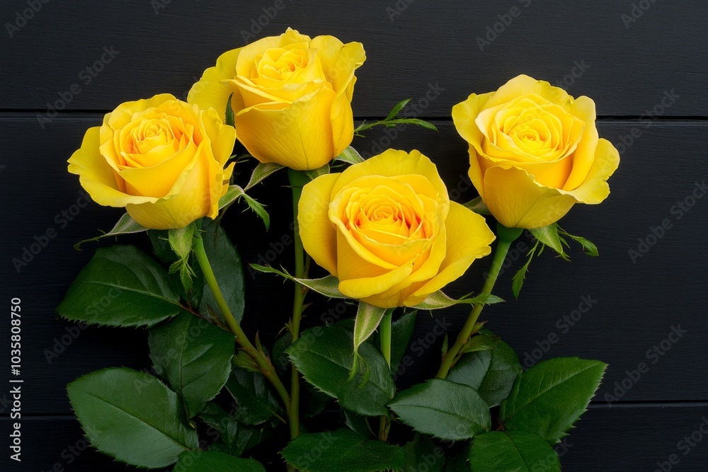 Yellow roses blooming against a black wall, creating dramatic contrast