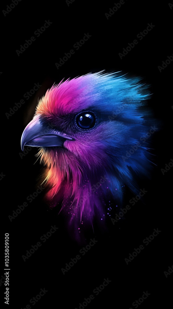A vibrant bird boasts a head adorned with blue, pink, and purple plumage, contrasting against a jet-black backdrop A vibrant bird boasts a head adorned with blue, pink, and purple plumage, contrasting against a jet-black backdrop