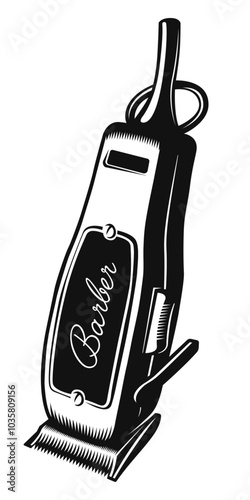 A shaving machine with 'Barber' written on it. Monochrome barbershop image featuring vector clipper.