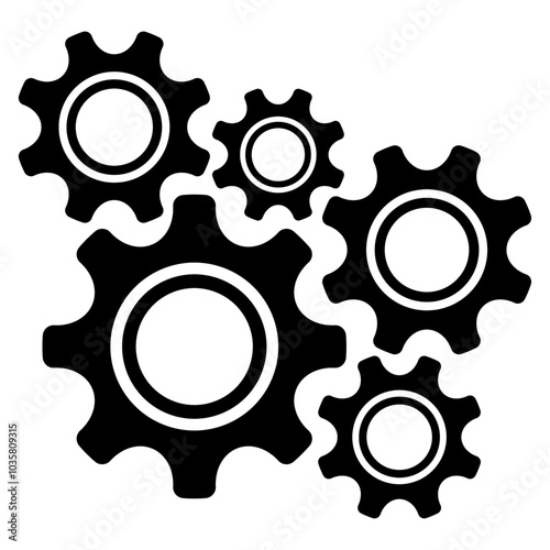 Gear mechanism. An icon consisting of mechanism parts of various sizes.