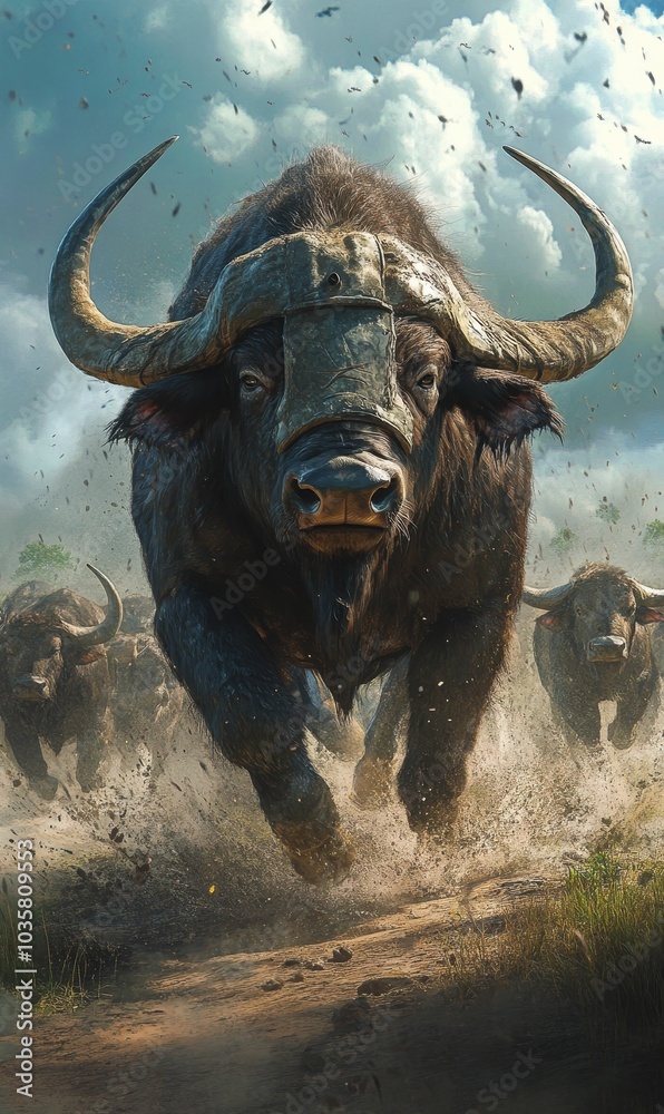 Naklejka premium A charging buffalo herd with dust.