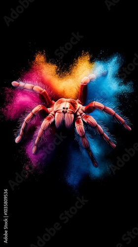  A macro shot of a spider against a black backdrop, adorned with colorful powder sprinkles on its back photo