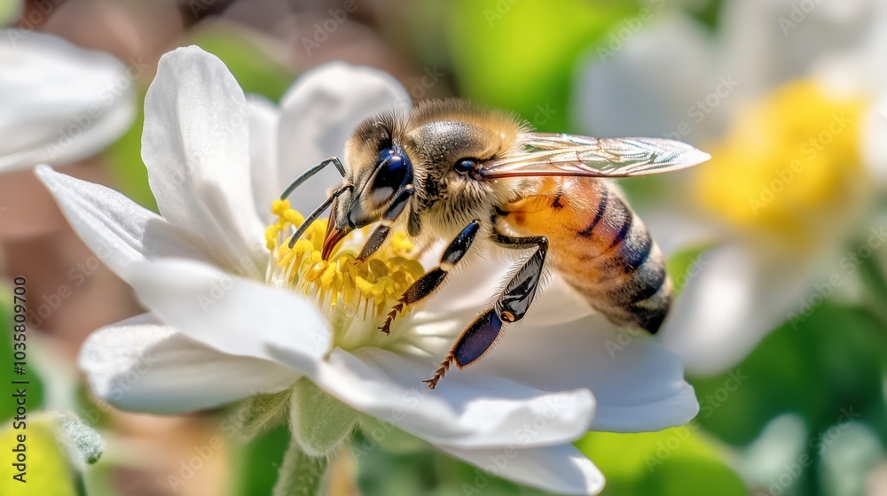 Close-up of a honeybee gathering nectar from a white flower on a warm spring day, bringing the garden to life Close-up of a honeybee gathering nectar from a white flower on a warm spring day, bringing the garden to life