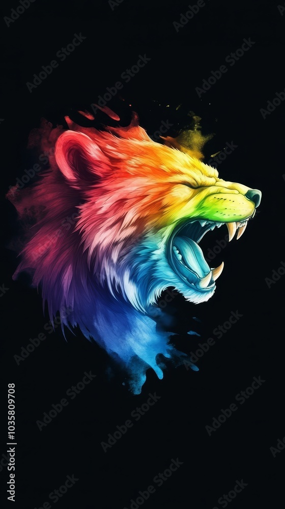 Obraz premium A wolf with an open mouth, its rainbow-painted teeth against a black backdrop