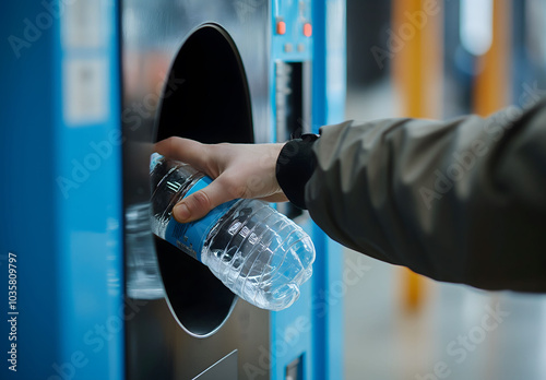 Person deposits plastic bottle into recycling machine,symbolizing environmental responsibility,eco-friendly actions in public spaces like malls or train stations for promoting sustainability efforts