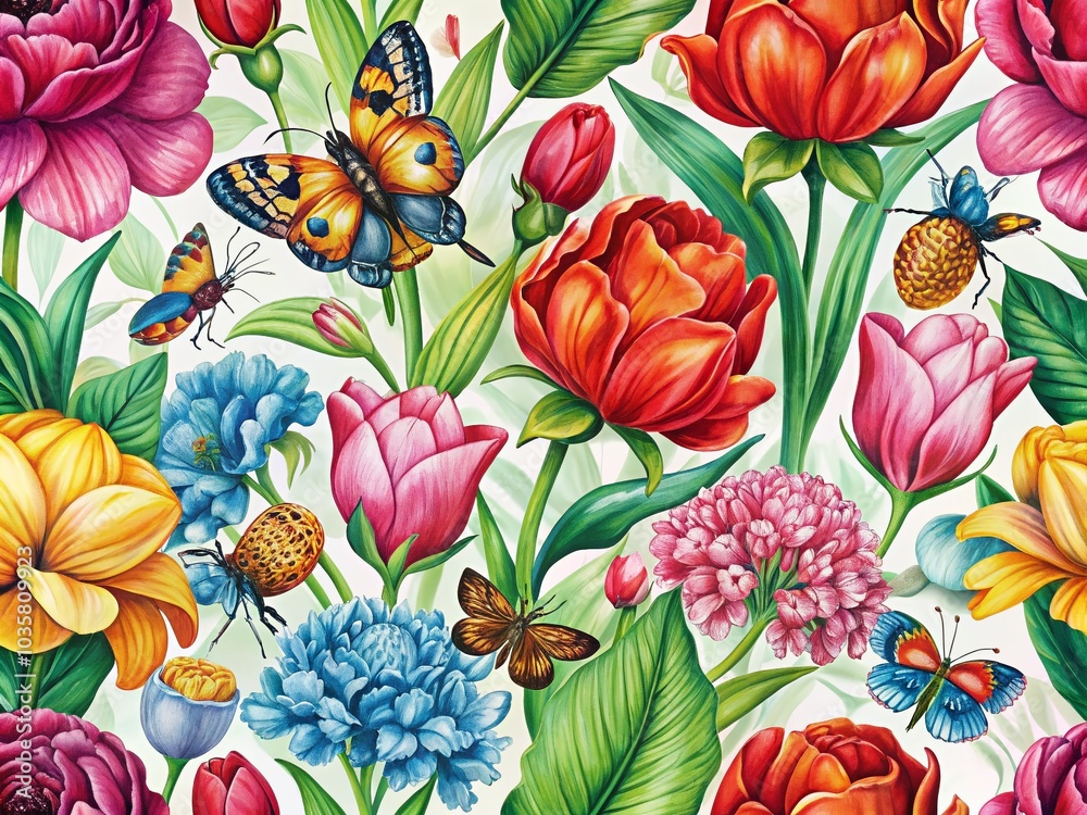 Seamless Pattern of Tulips, Geraniums, and Bugs for Fashion Photography Seamless Pattern of Tulips, Geraniums, and Bugs for Fashion Photography