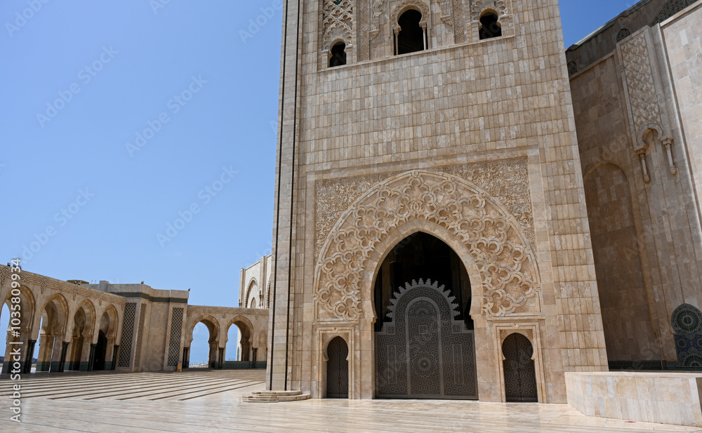 Casablanca, Morocco : architectural detail of the Hassan II mosque, also called the Great Mosque. Perfect blue sky. Casablanca, Morocco : architectural detail of the Hassan II mosque, also called the Great Mosque. Perfect blue sky.