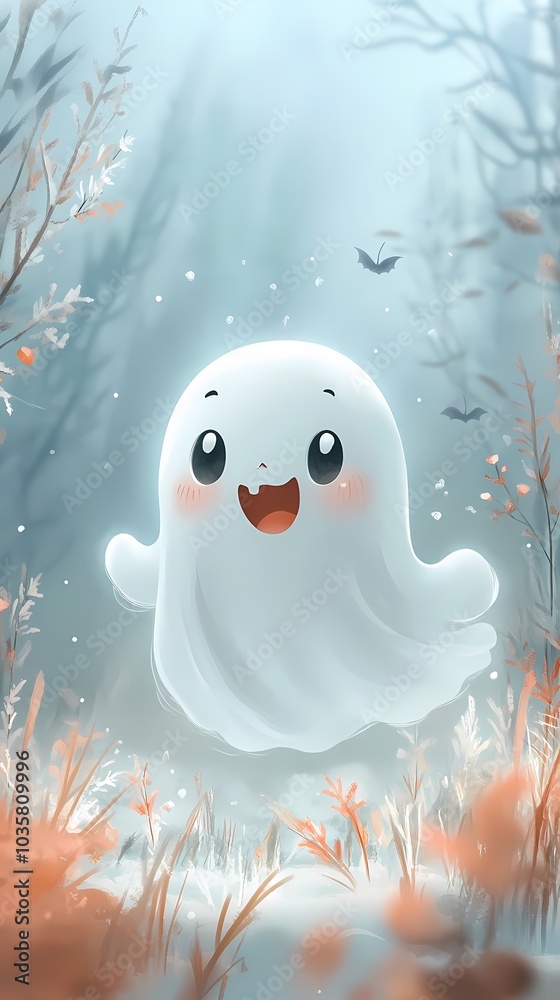 Obraz premium Cute ghost character happily floating in a mystical, foggy forest.