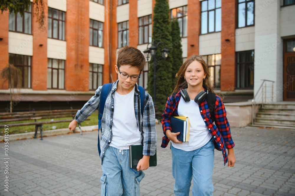 Fototapeta premium Happy schoolchildren near the school. A boy and a girl are primary school students. School friendship