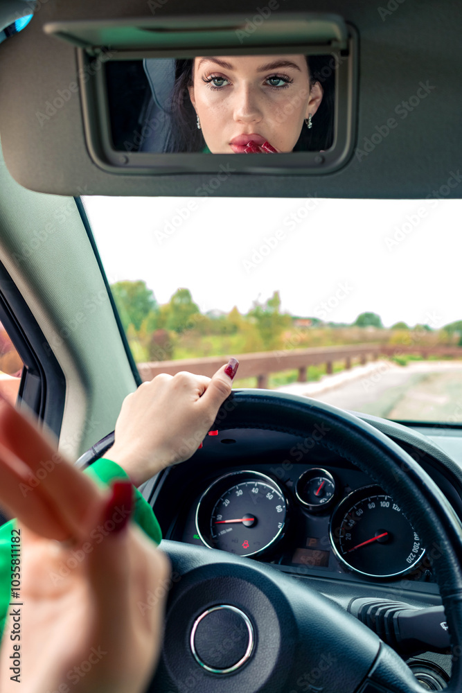 Naklejka premium A girl in a green jacket driving a car.