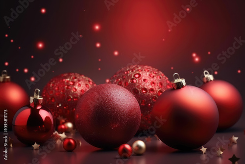 generated illustration of christmas ball and bulb light decoration in red background