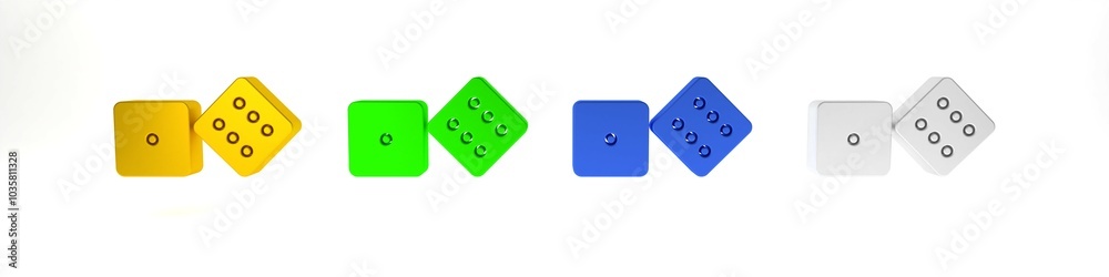 Colorful Game dice icon isolated on white background. Casino gambling. Minimalism concept. 3D render illustration Colorful Game dice icon isolated on white background. Casino gambling. Minimalism concept. 3D render illustration
