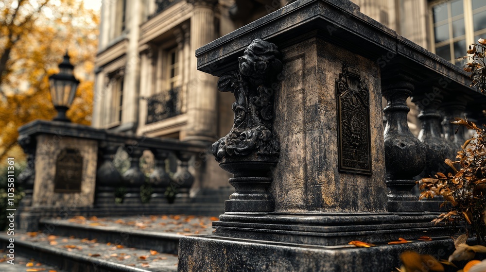 Historic Stone Staircase with Ornate Balustrades and Autumn Leaves in Front of a Grand Building Historic Stone Staircase with Ornate Balustrades and Autumn Leaves in Front of a Grand Building