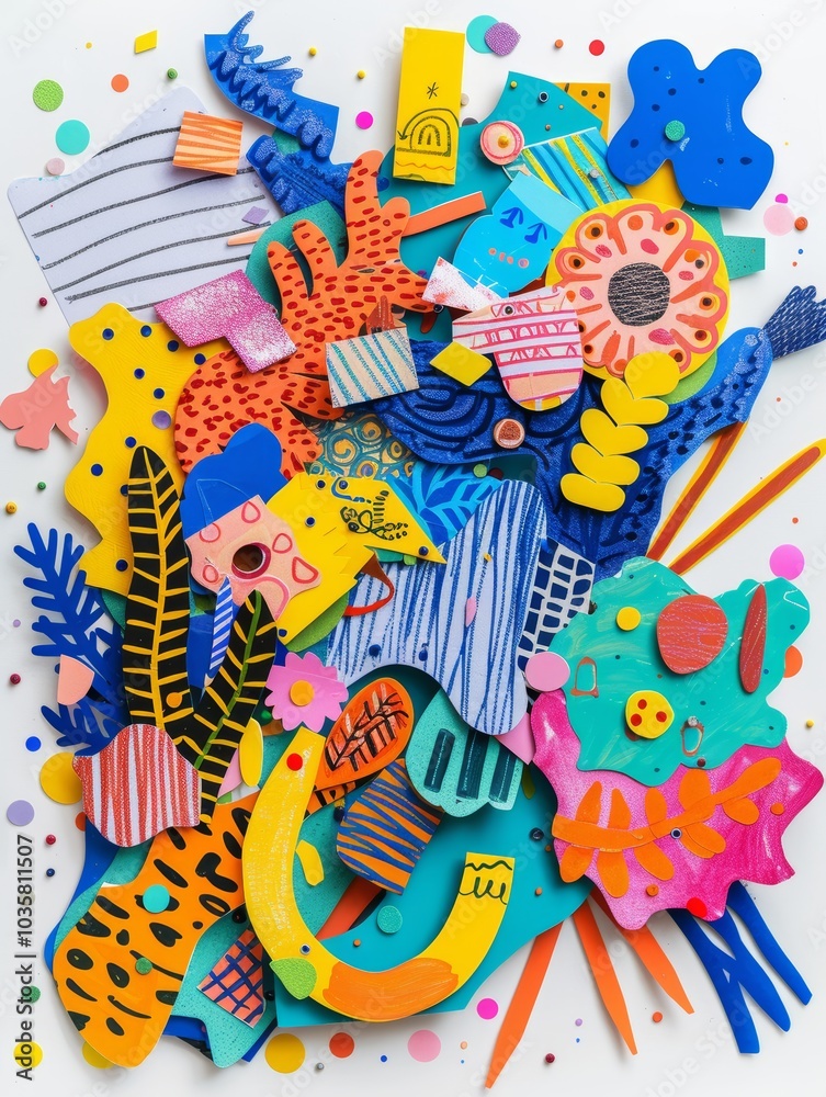 Obraz premium Vibrant Abstract Collage Art with Colorful Shapes and Patterns in Mixed Media Style