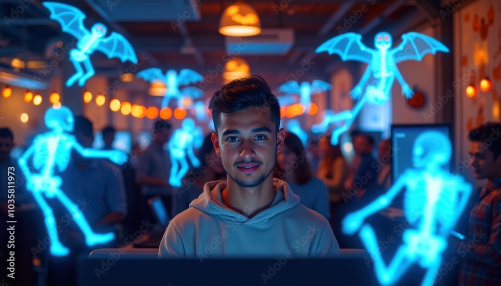 Fototapeta premium Developer at Halloween Party with Holograms
