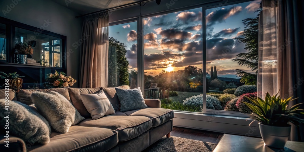 Serene Double Exposure of a Cozy Room with a Large Window and White Couch for Tranquil Home Decor Serene Double Exposure of a Cozy Room with a Large Window and White Couch for Tranquil Home Decor