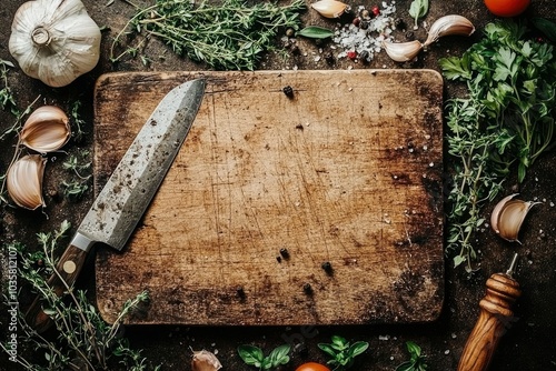 Rustic Wooden Cutting Board with Knife and Herbs photo