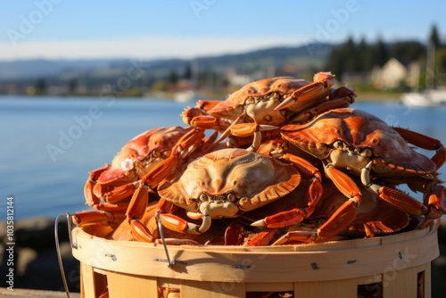 A close up of male Dungeness crabs in a crab trap,ai generated photo