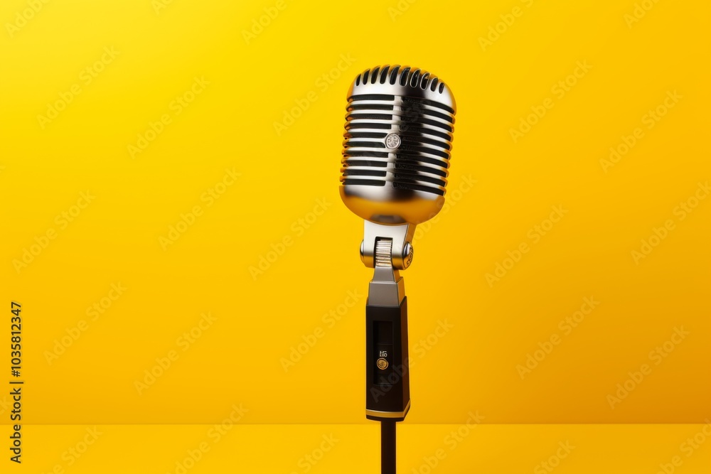 Fototapeta premium retro microphone on yellow background,ai generated