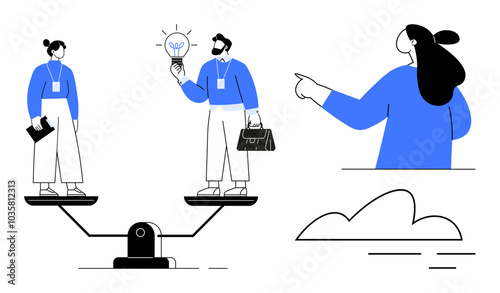 Balance scale with professionals, a man holding a lightbulb, a pointing person, and a cloud. Ideal for teamwork, balance, gender equality, innovation, and business strategy. Modern, minimalistic