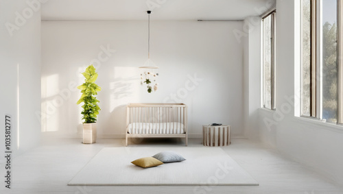 Minimalist nursery with natural wood crib and bright sunlight