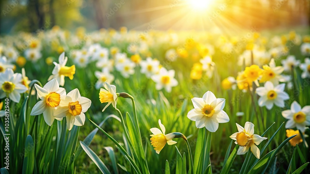 Aerial abstract background of blooming summer garden with daffodils and green grass Aerial abstract background of blooming summer garden with daffodils and green grass