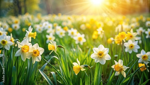 Aerial abstract background of blooming summer garden with daffodils and green grass