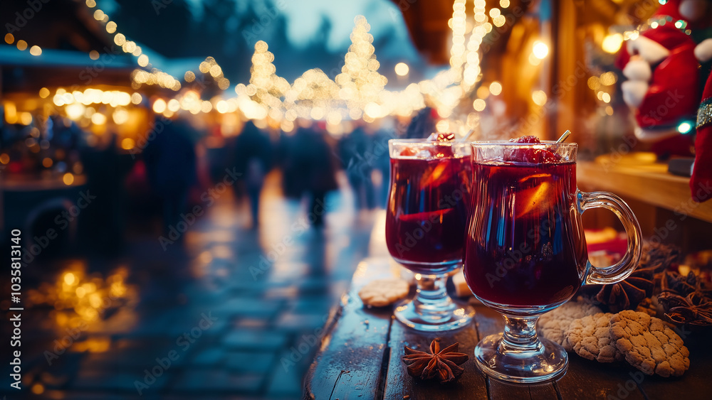 Two glasses of hot mulled spicy wine with cookies at a Christmas market illuminated at night in december