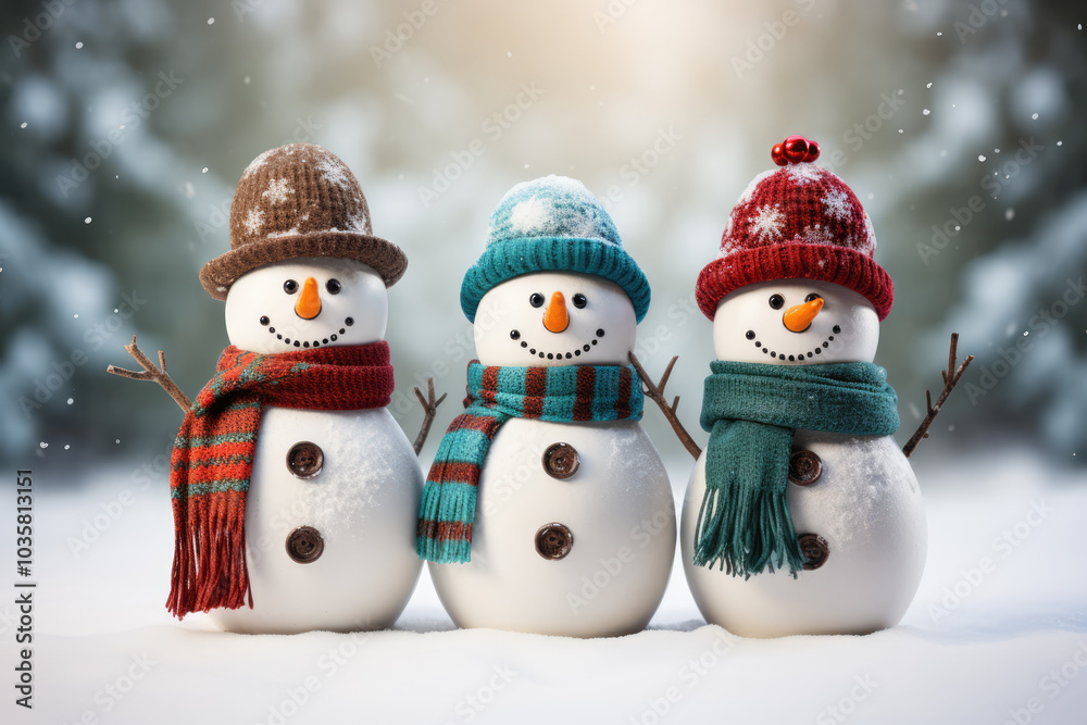 generated illustration of row of cute snowmen in winter generated illustration of row of cute snowmen in winter