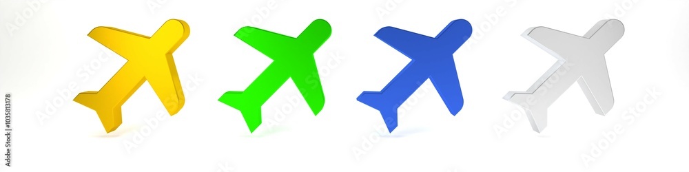 Colorful Plane icon isolated on white background. Flying airplane icon. Airliner sign. Minimalism concept. 3D render illustration Colorful Plane icon isolated on white background. Flying airplane icon. Airliner sign. Minimalism concept. 3D render illustration