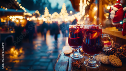 Two glasses of hot mulled spicy wine with cookies at a Christmas market illuminated at night in december photo