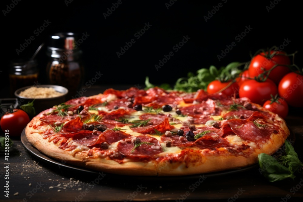 pizza with salami,tomatoes and basil on black background,ai generated pizza with salami,tomatoes and basil on black background,ai generated