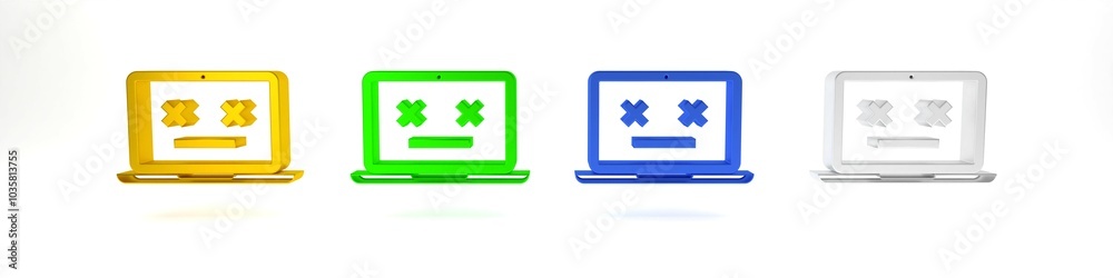 Colorful Dead laptop icon isolated on white background. 404 error like laptop with dead emoji. Fatal error in pc system. Minimalism concept. 3D render illustration Colorful Dead laptop icon isolated on white background. 404 error like laptop with dead emoji. Fatal error in pc system. Minimalism concept. 3D render illustration