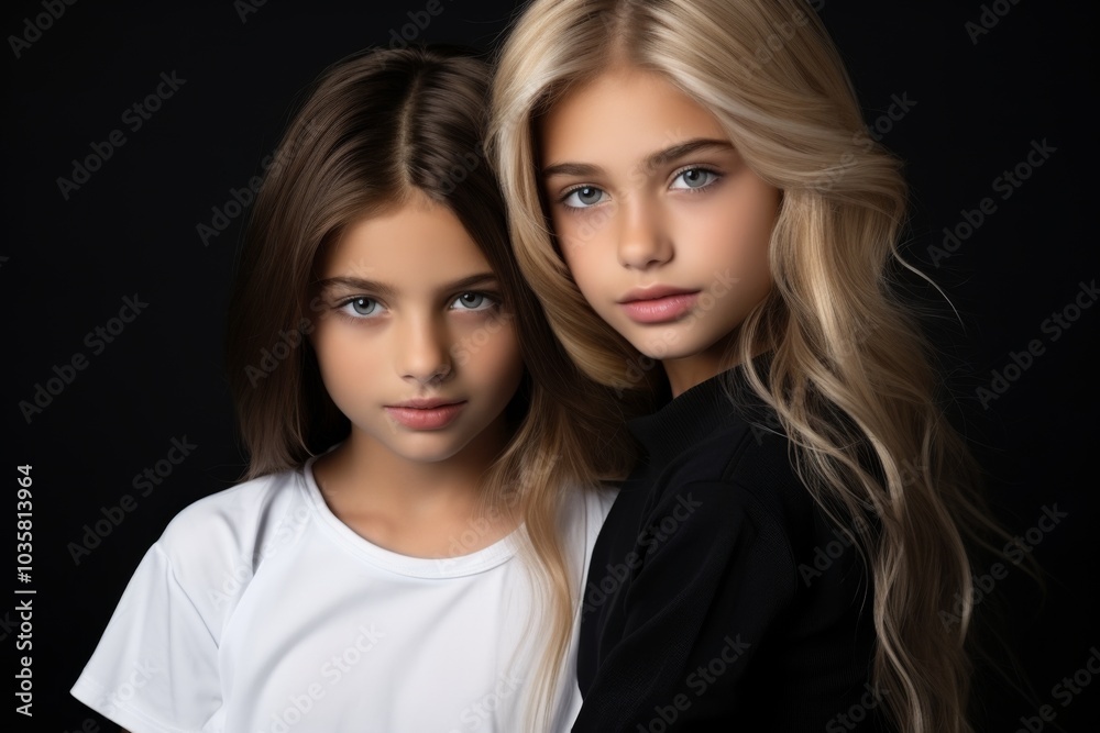 Portrait of two young girls dressed in black and white t-shirts,ai generated Portrait of two young girls dressed in black and white t-shirts,ai generated