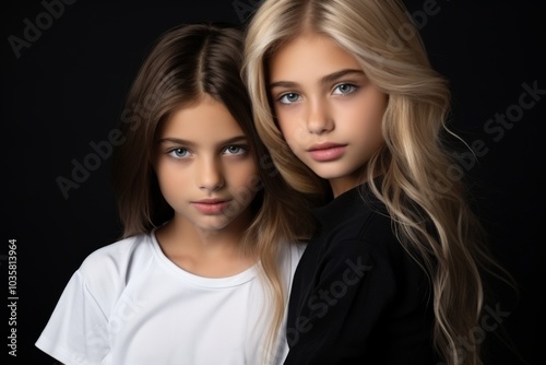 Portrait of two young girls dressed in black and white t-shirts,ai generated