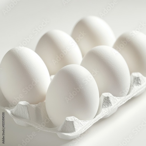 A clean, minimalist image showcasing six white eggs in a cardboard carton, perfect for culinary, lifestyle, or wellness themes. photo