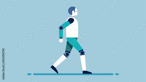 Walking with Support A person in a robotic exoskeleton taking steady steps on a smooth surface with the exoskeleton visibly supporting their legs and enhancing their gait.