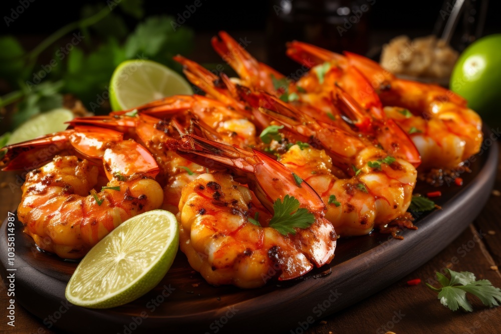 Skewered shrimp with lime and sauce,ai generated Skewered shrimp with lime and sauce,ai generated