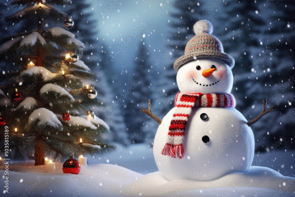 Obraz premium generated illustration of happy snowman with Christmas tree in snowy scene minimalist