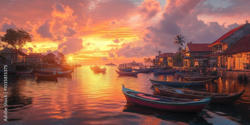 Fototapeta premium Boats at sunset on a calm bay.
