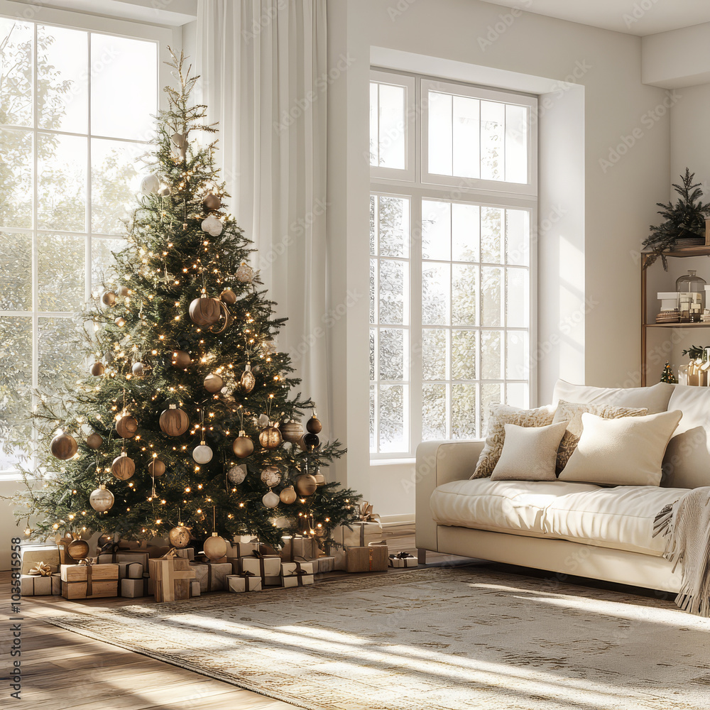 bright and airy Christmas scene features beautifully decorated tree with golden ornaments and wrapped gifts beneath. cozy living room is filled with natural light from large windows bright and airy Christmas scene features beautifully decorated tree with golden ornaments and wrapped gifts beneath. cozy living room is filled with natural light from large windows