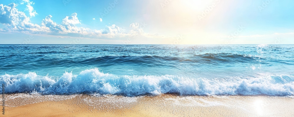 Serene Beach with Golden Sand and Gentle Waves Under a Clear Blue Sky on a Sunny Day Serene Beach with Golden Sand and Gentle Waves Under a Clear Blue Sky on a Sunny Day