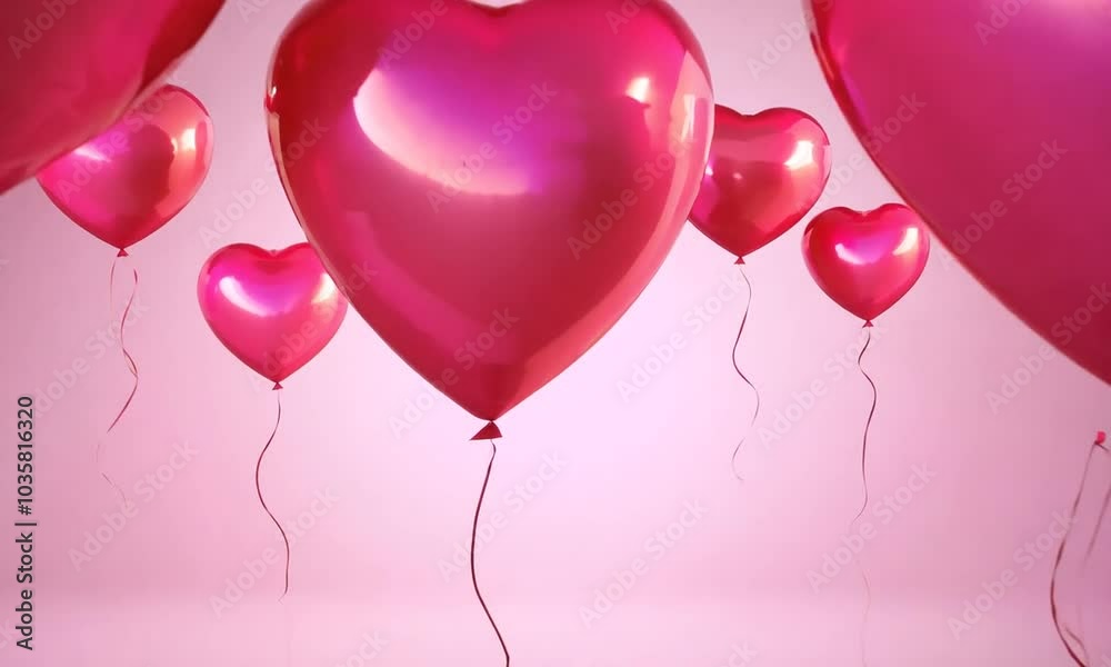  Pink hearts balloon floating between white walls in a minimalistic indoor setting