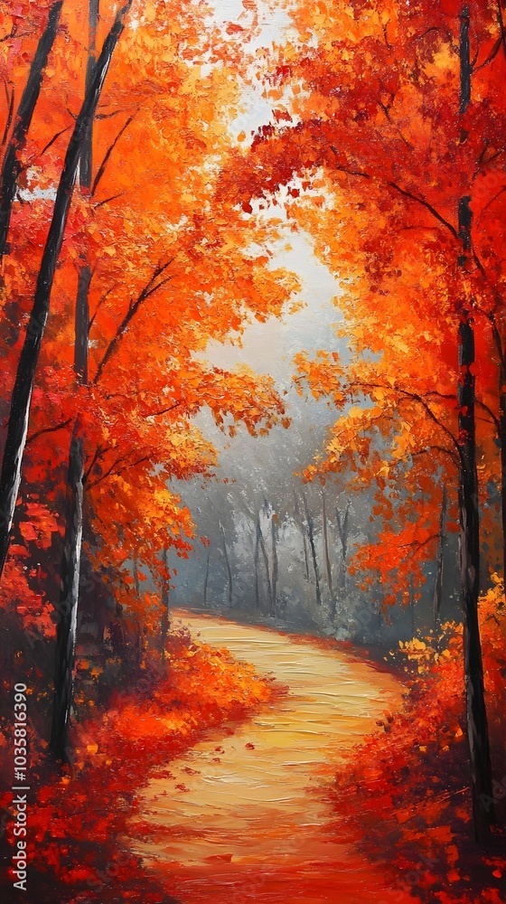 Fototapeta premium A picturesque autumn scene of trees adorned with vibrant red and orange leaves, creating an enchanting backdrop for nature lovers who enjoy walking along